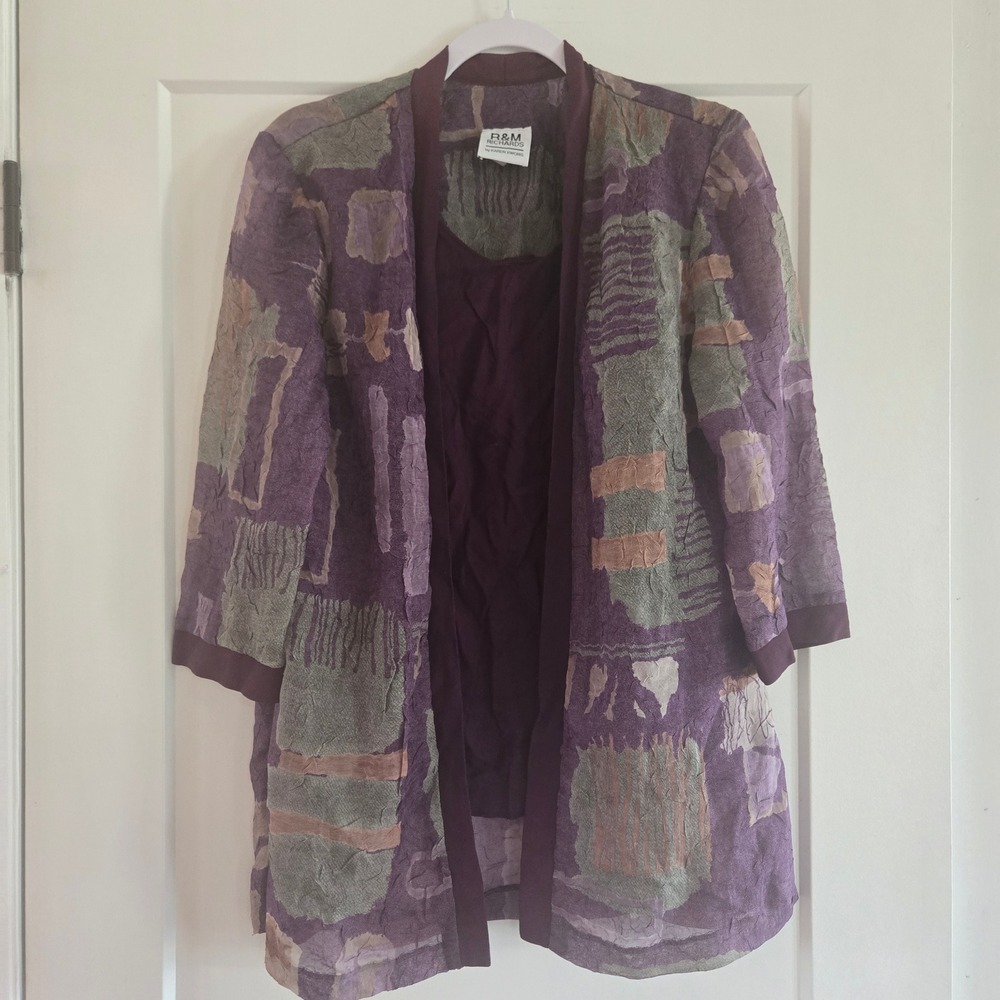 Womens 2-in-1 Blouse 8 Tank and Jacket Textured Open Front Cardigan Plum Purple - Picture 3 of 8